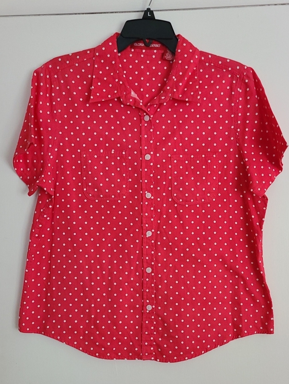Vintage Sz L Gloria Vanderbilt Red Polka Dot Short Sleeve Button Down Blouse